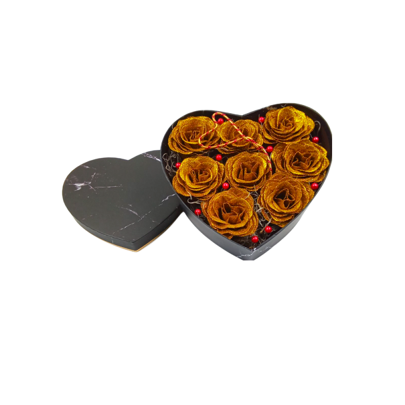 Gold forever - artificial roses with gliter in black marbel box heart shaped