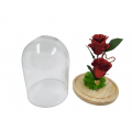 Two Red artificial roses with gliter in a glass bell